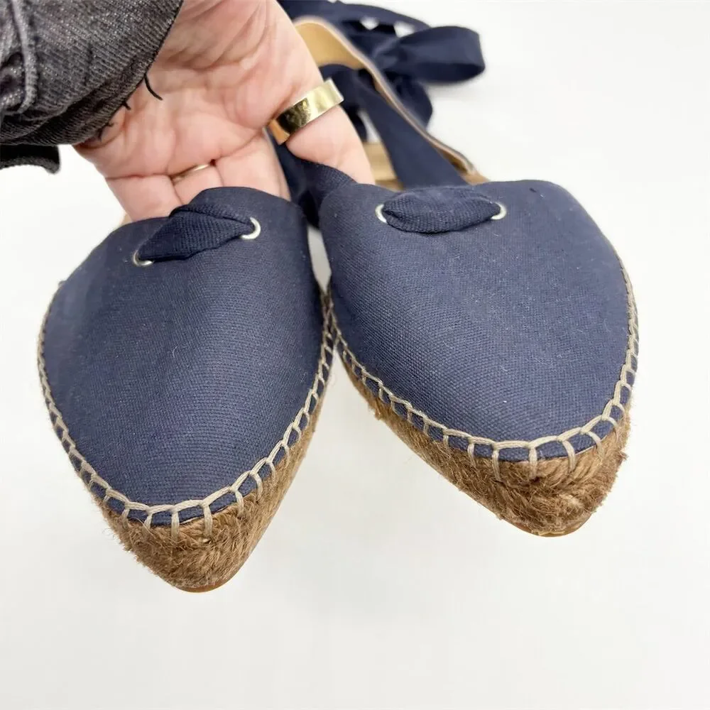 J. Crew Pointed‎ Toe Ankle Wrap Tie Espadrille Size 8 Navy Blue Canvas Summer